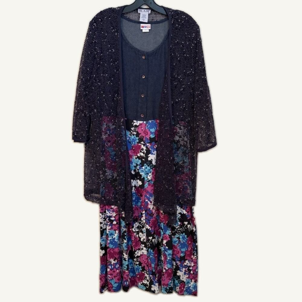 American Sweetheart Blair Floral Dress & Open-Knit Cardigan Set L Blue